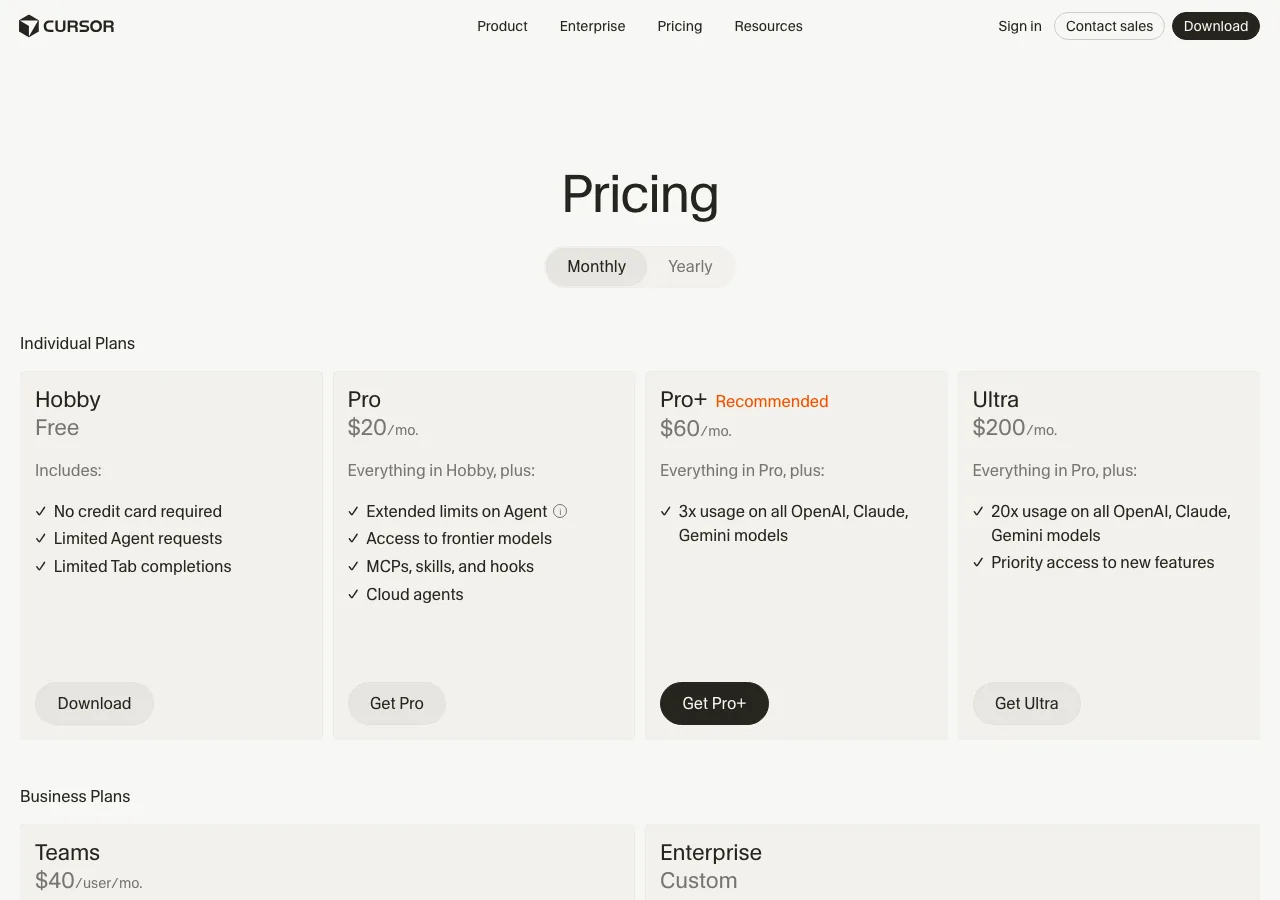 Cursor公式サイトの料金プラン一覧（Hobby/Pro/Pro+/Ultraの価格比較）（公式サイトより）
