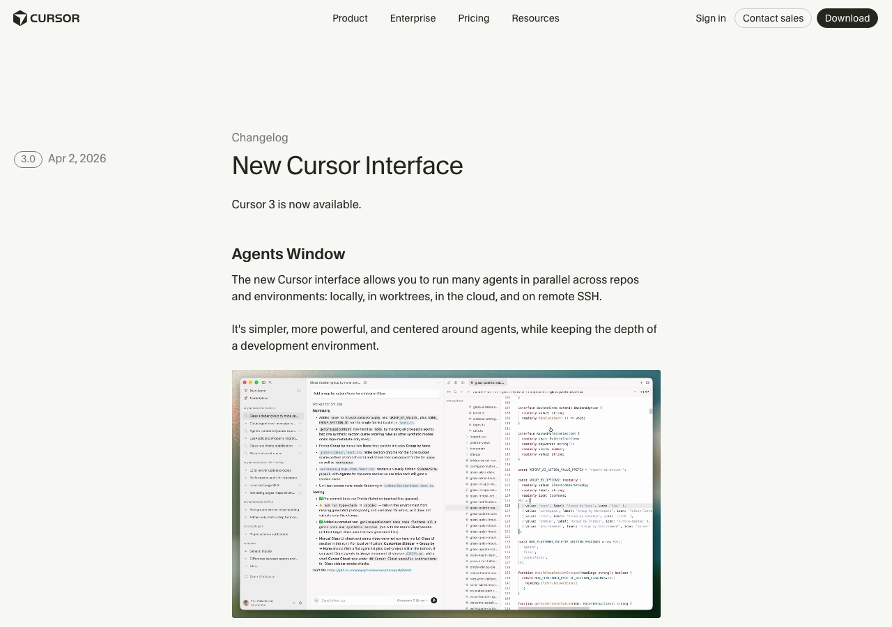 Cursor 3.0のChangelog - 新しいエージェントインターフェースとAgents Windowの概要(公式サイトより)