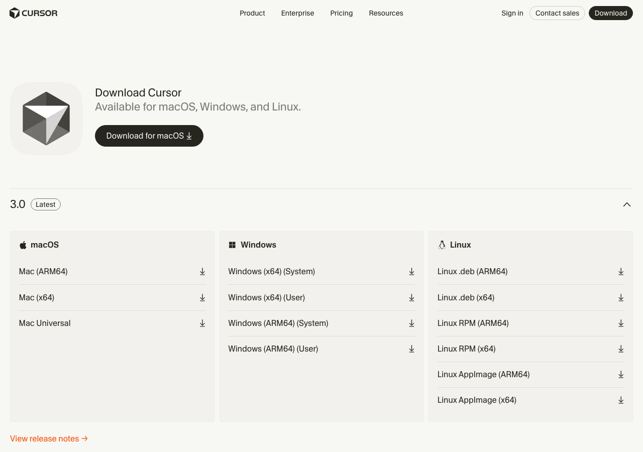 Cursorの公式ダウンロードページ - macOS・Windows・Linux向けの全ダウンロードオプション(公式サイトより)