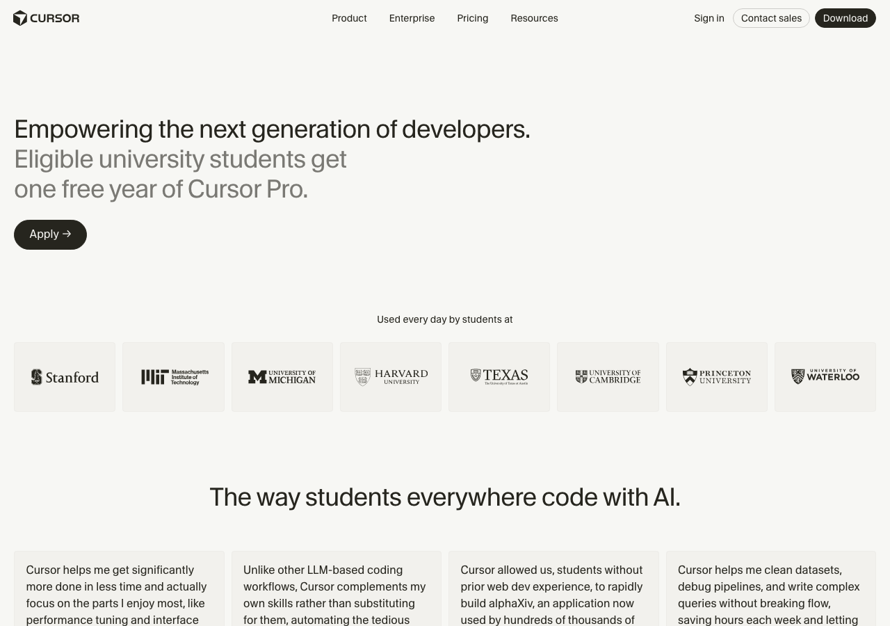 Cursor学生プログラムの公式サイト(公式サイトより)