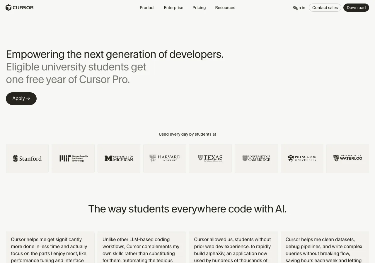 Cursor学生プログラムの公式サイト（公式サイトより）