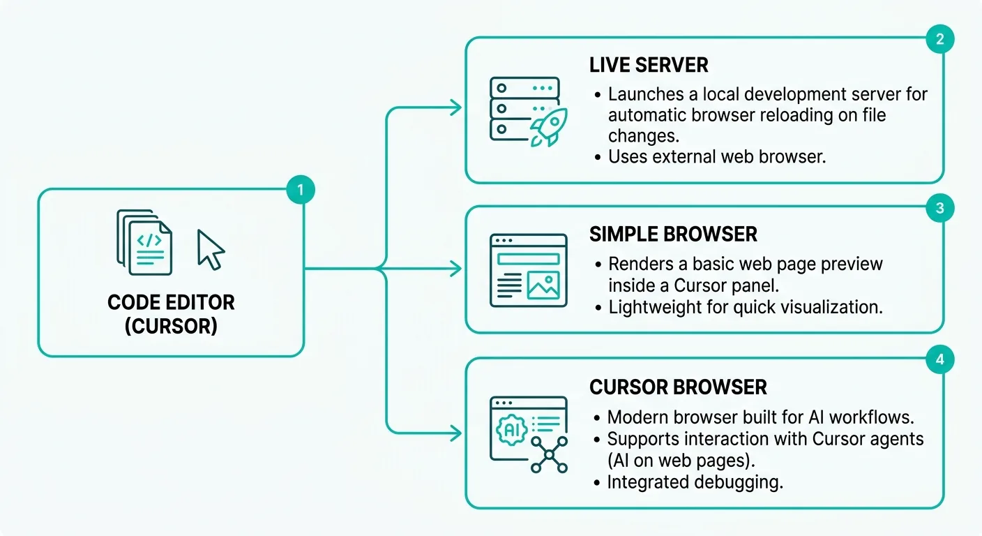 CursorでHTMLをプレビューする3つの方法：Live Server・Simple Browser・Cursor Integrated Browserの比較図