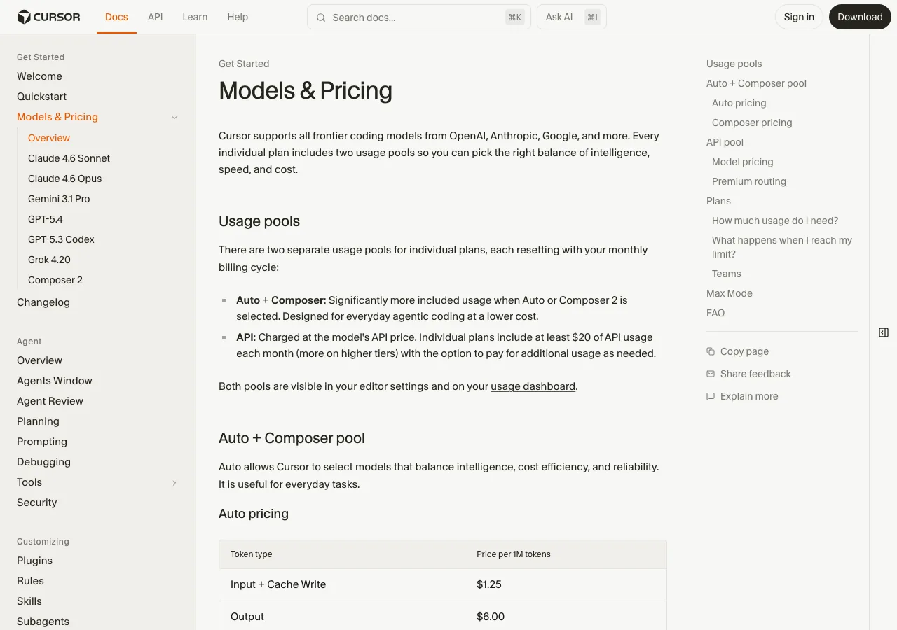 CursorのModels & Pricingページ（公式サイトより）