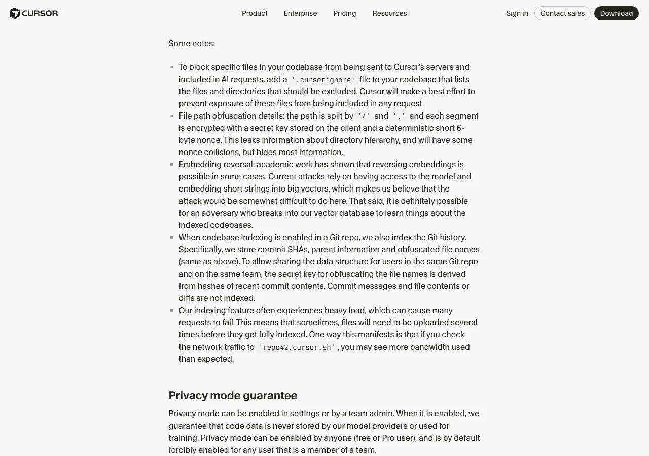 Cursorの公式セキュリティページ、Privacy Mode Guaranteeセクション（公式サイトより）