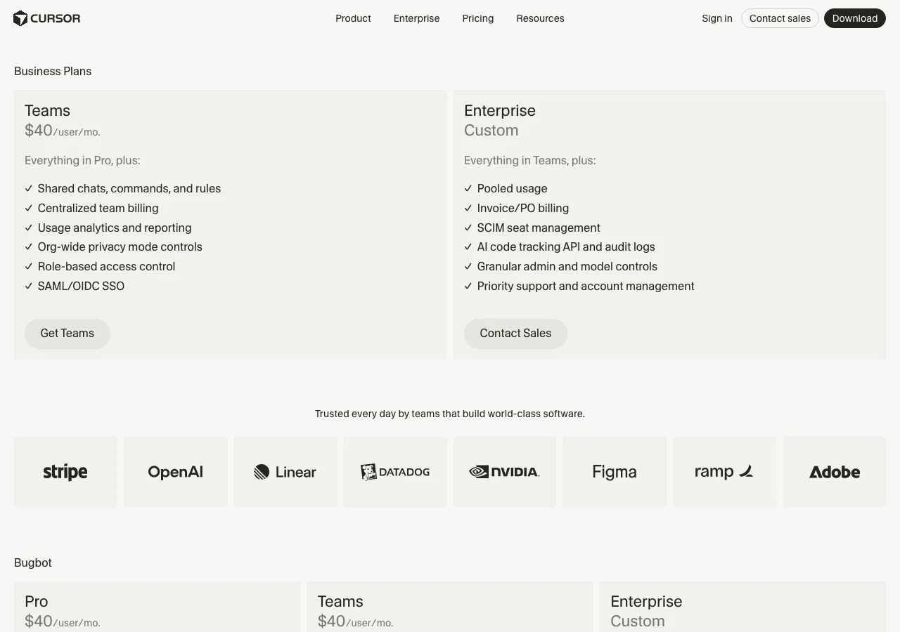 CursorのTeams・Enterprise法人向けプラン画面(公式サイトより)