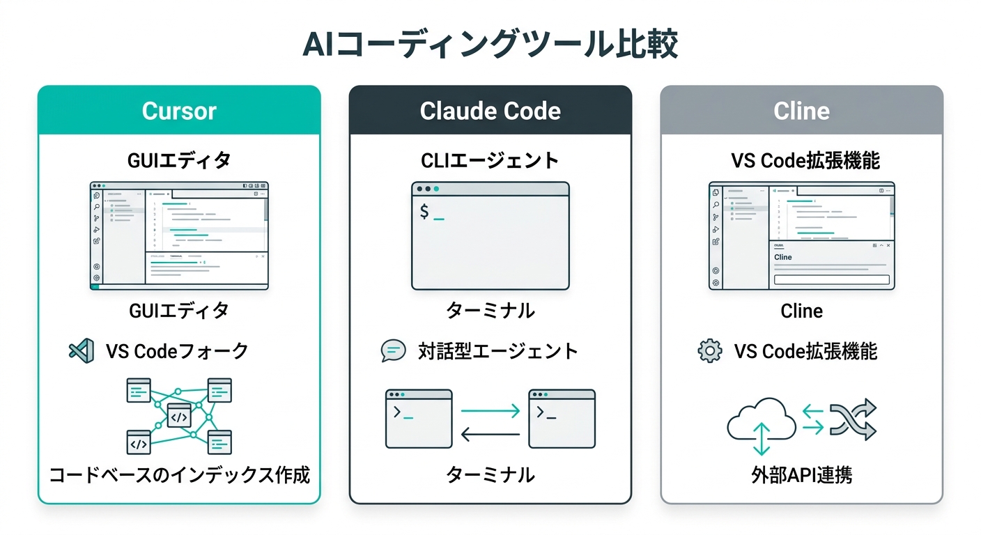 AIコーディングツール比較:Cursor・Claude Code・Clineの特徴(.AI TIMES編集部作成)