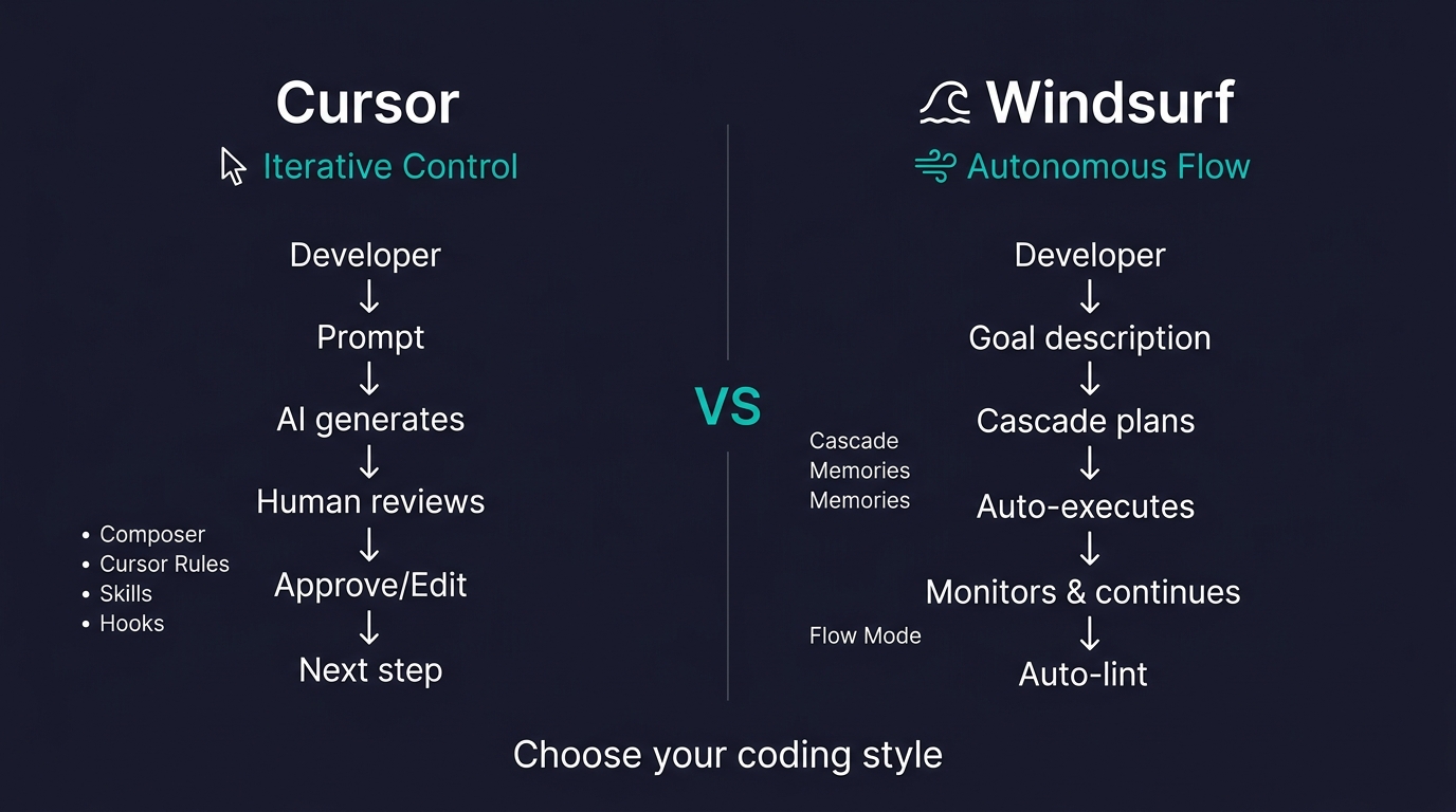 CursorとWindsurfの開発スタイル比較図:Cursorの反復型コントロールとWindsurfの自律型フローの違い(公式サイトより)