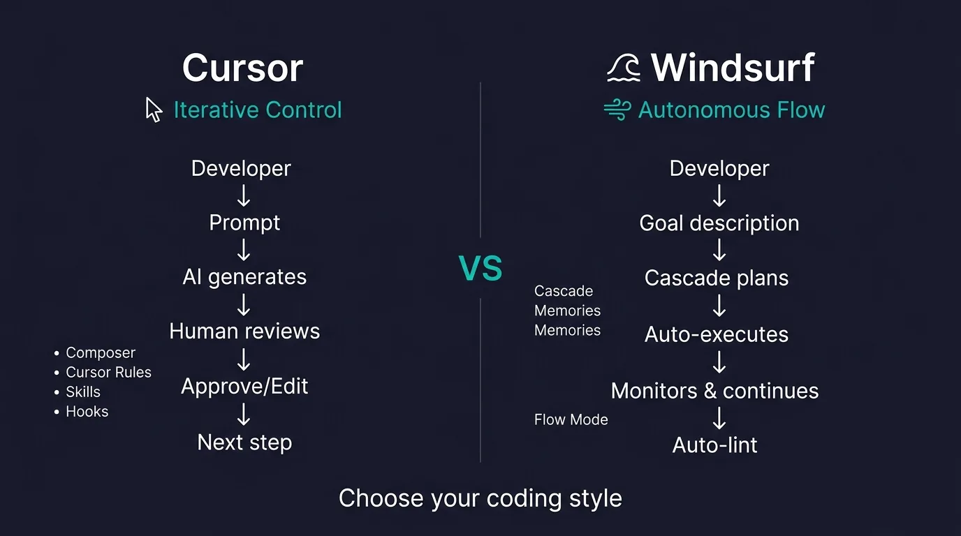 CursorとWindsurfの開発スタイル比較図：Cursorの反復型コントロールとWindsurfの自律型フローの違い（公式サイトより）
