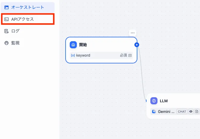 DifyワークフローエディタのAPIアクセスメニュー