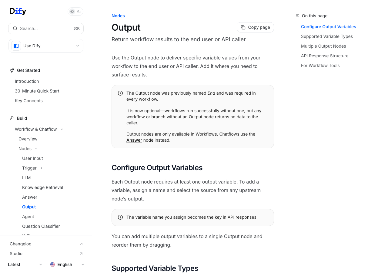 DifyのOutputノード:ワークフロー結果をAPI呼び出し元に返す(公式ドキュメントより)