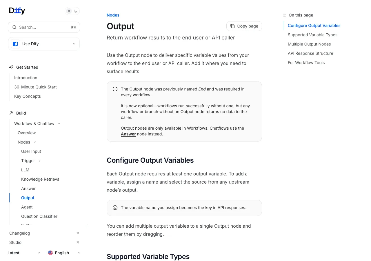 DifyのOutputノード:ワークフロー結果をAPI呼び出し元に返す(公式ドキュメントより)