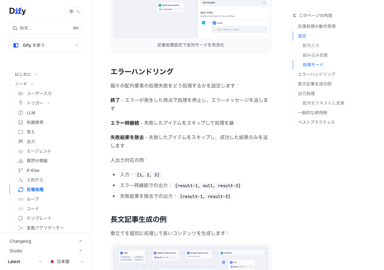 Difyイテレーションのエラーハンドリング設定とパラレルモード(公式サイトより)