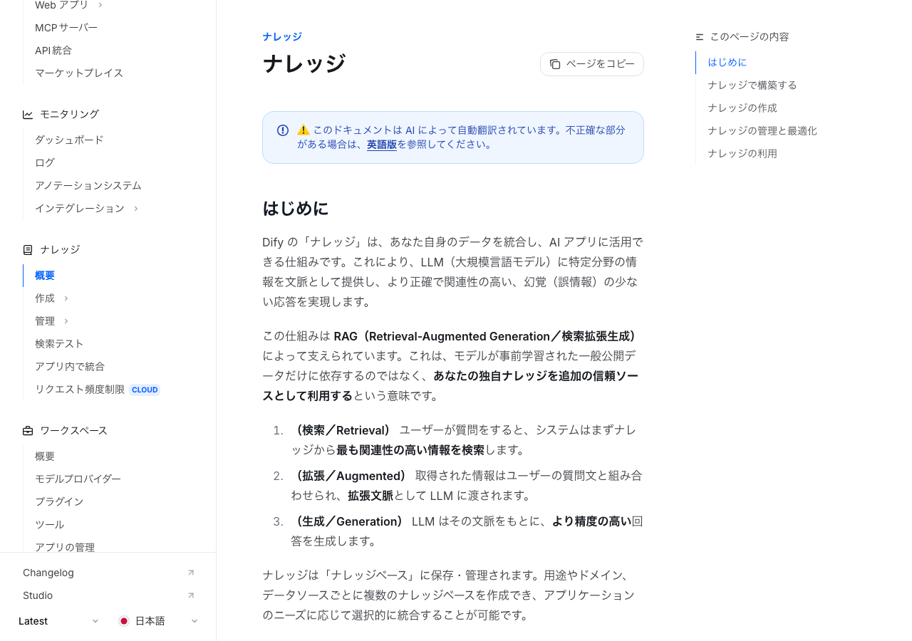 Dify公式ドキュメントのナレッジ機能説明ページ(公式サイトより)