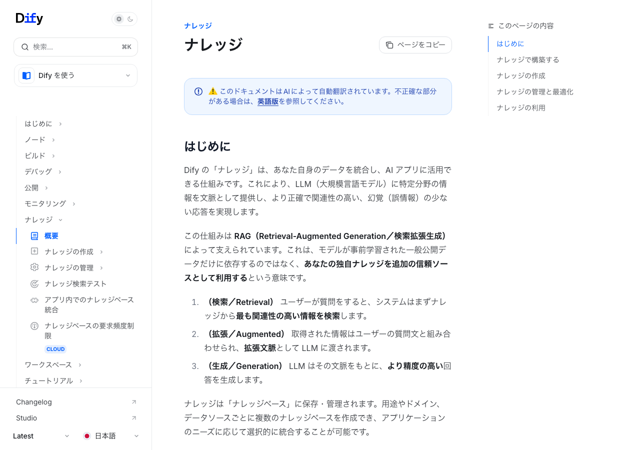 Difyのナレッジ機能概要ページ(公式ドキュメントより)