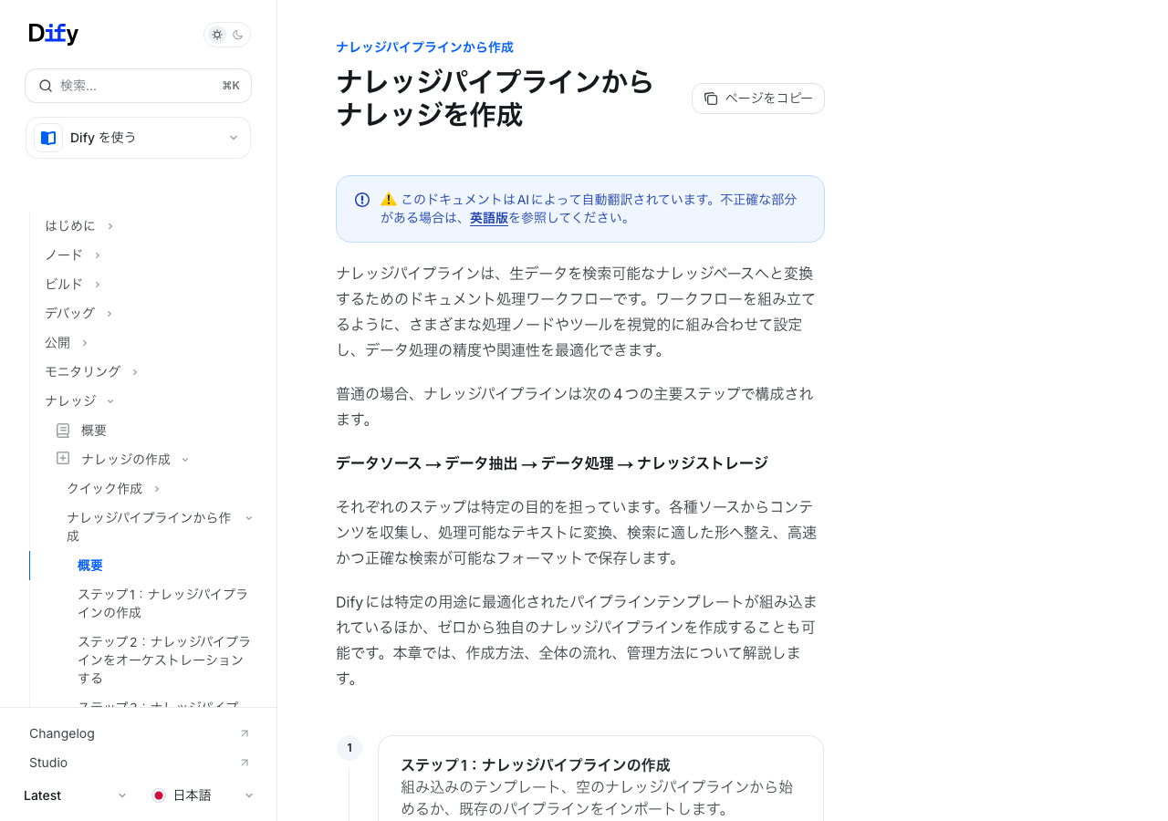 Difyナレッジパイプラインの作成画面(公式ドキュメントより)