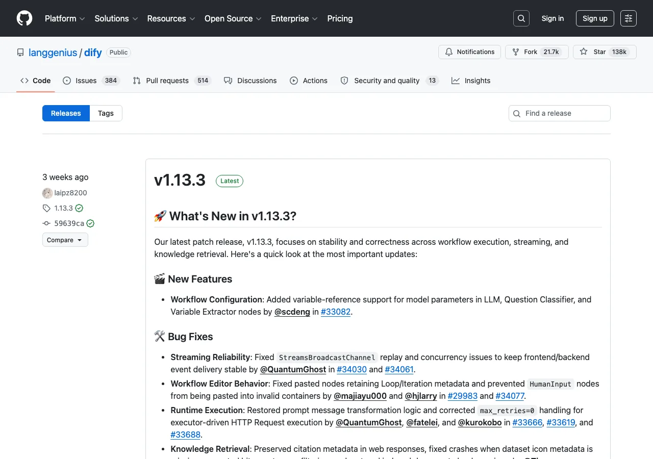DifyのGitHubリリースページ（v1.13.3の変更内容が表示されている）（公式サイトより）