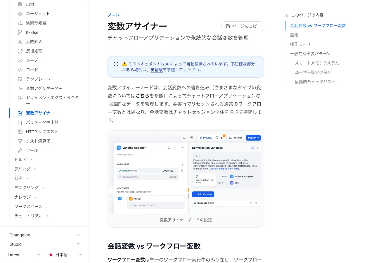 Dify変数代入ノードの設定画面（公式ドキュメントより）