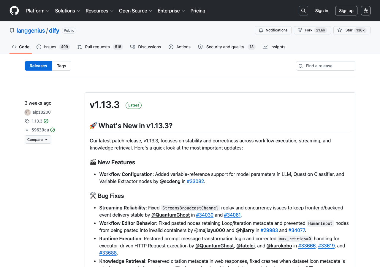 DifyのGitHub Releasesページ(v1.13.3 Latest表示)(公式サイトより)