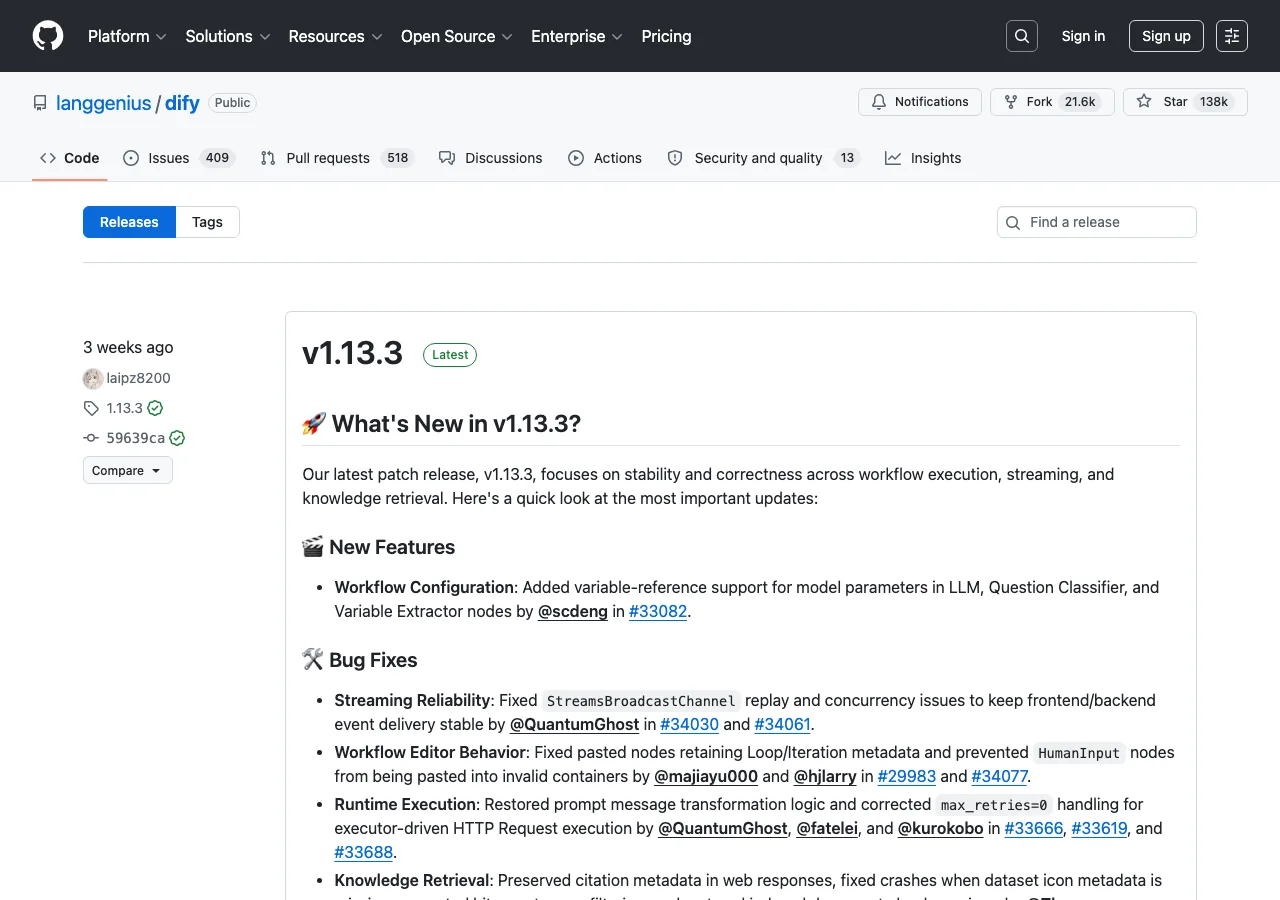 DifyのGitHub Releasesページ(v1.13.3 Latest表示)(公式サイトより)