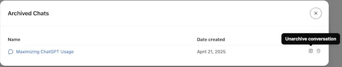 ChatGPTの「アーカイブ済みのチャット」一覧でUnarchive conversation（アーカイブ解除）が表示された画面（OpenAI公式ヘルプより）