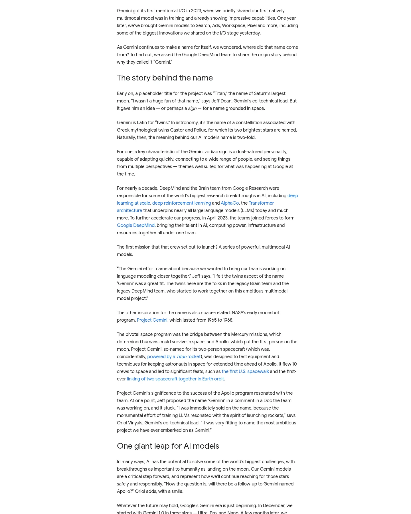 Google公式ブログ「How Google's AI model Gemini got its name」の名前の由来を説明する記事本文（blog.google、2024年5月掲載）