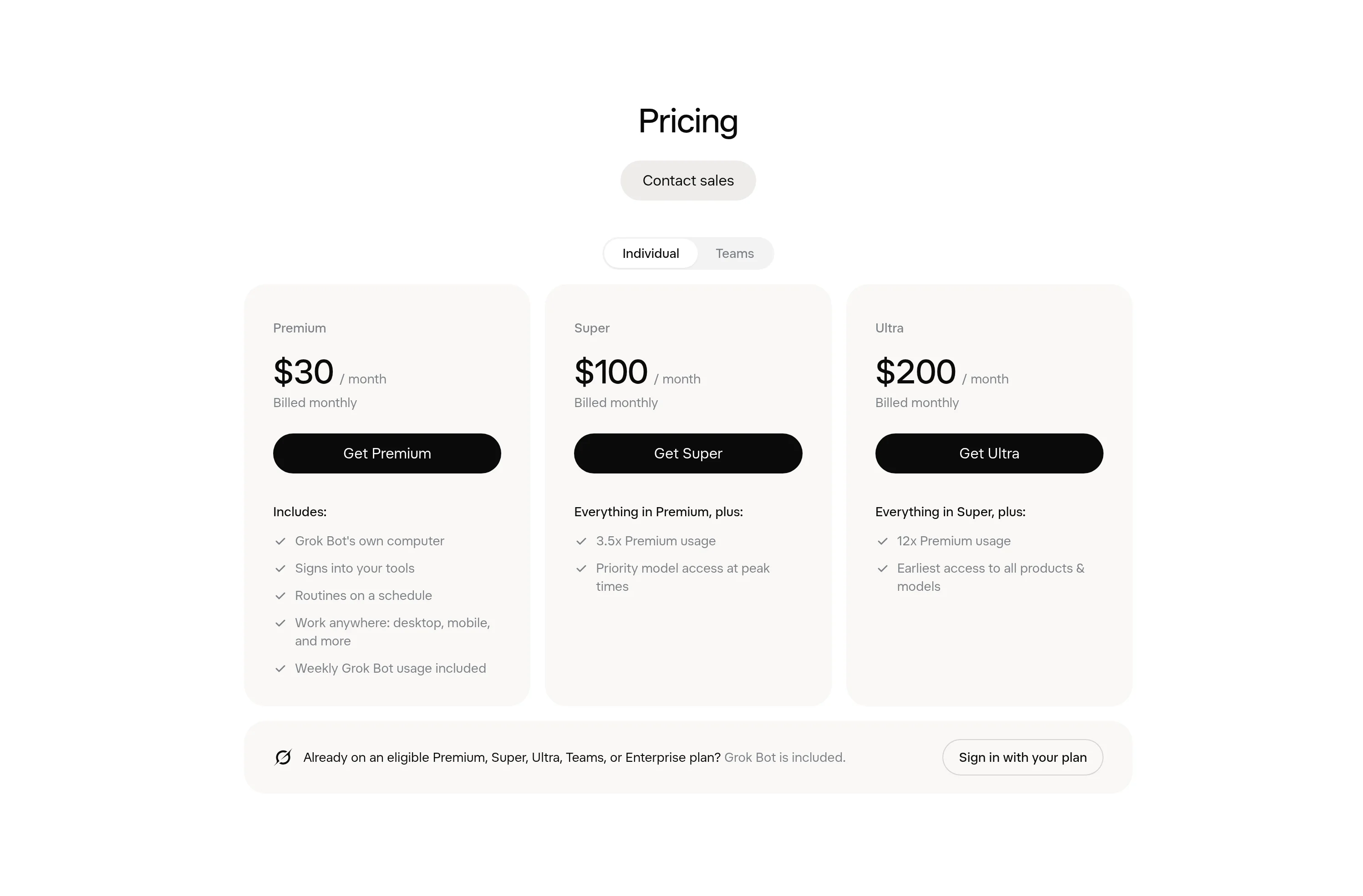 x.ai公式サイト「Grok Bot」ページの料金セクション。Premium $30・Super $100・Ultra $200の月額とプラン内容（2026年10月・x.ai/bot）
