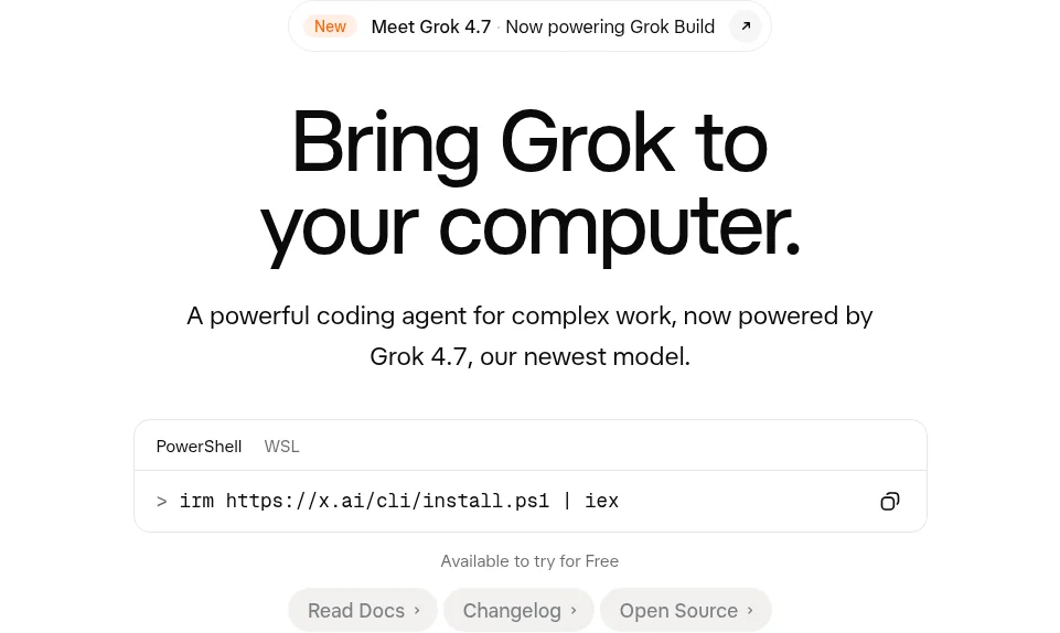 xAI公式サイト x.ai/build のトップページ。「Meet Grok 4.7 · Now powering Grok Build」と表示されている（2026年10月・編集部調べ）