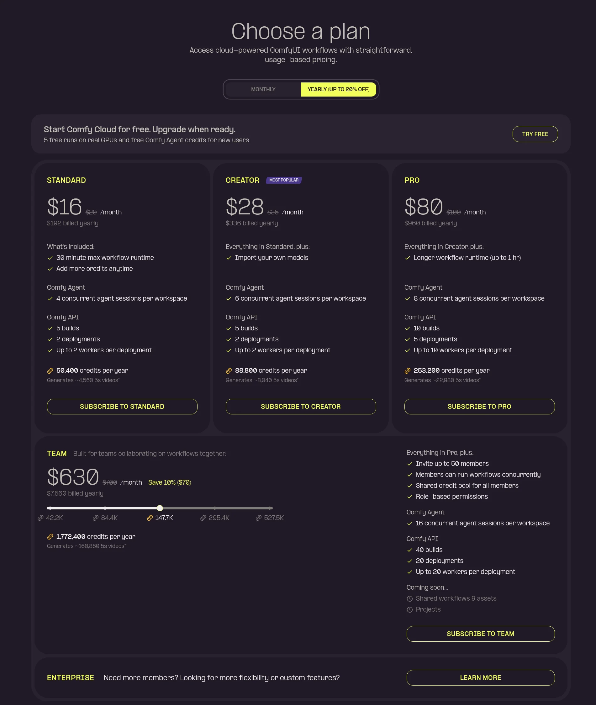 Comfy Cloudの料金プラン一覧(Standard/Creator/Pro/Team)。comfy.org/cloud/pricing、2026年10月27日時点