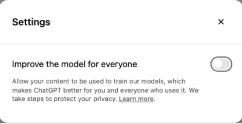 ChatGPTの設定画面で「Improve the model for everyone」をオフにした状態(OpenAIヘルプセンターより)