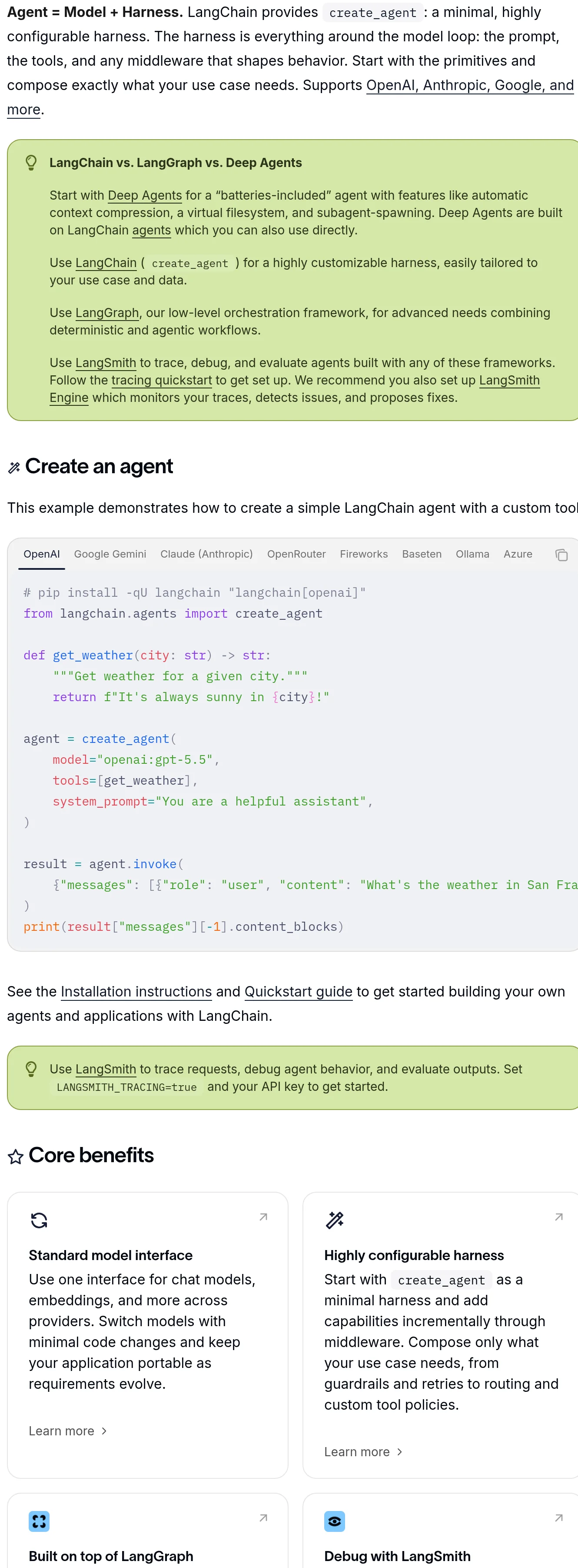 python.langchain.comの公式ドキュメントが示すLangChain・LangGraph・Deep Agentsの使い分け指針とcreate_agentのコード例（2026年10月・公式サイト確認）