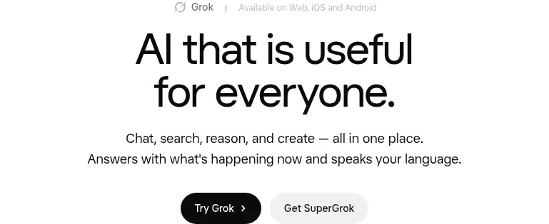 xAI公式サイトのGrok紹介ページ（Chat・Search・Imagine・Voiceなどの機能概要、2026年10月確認）