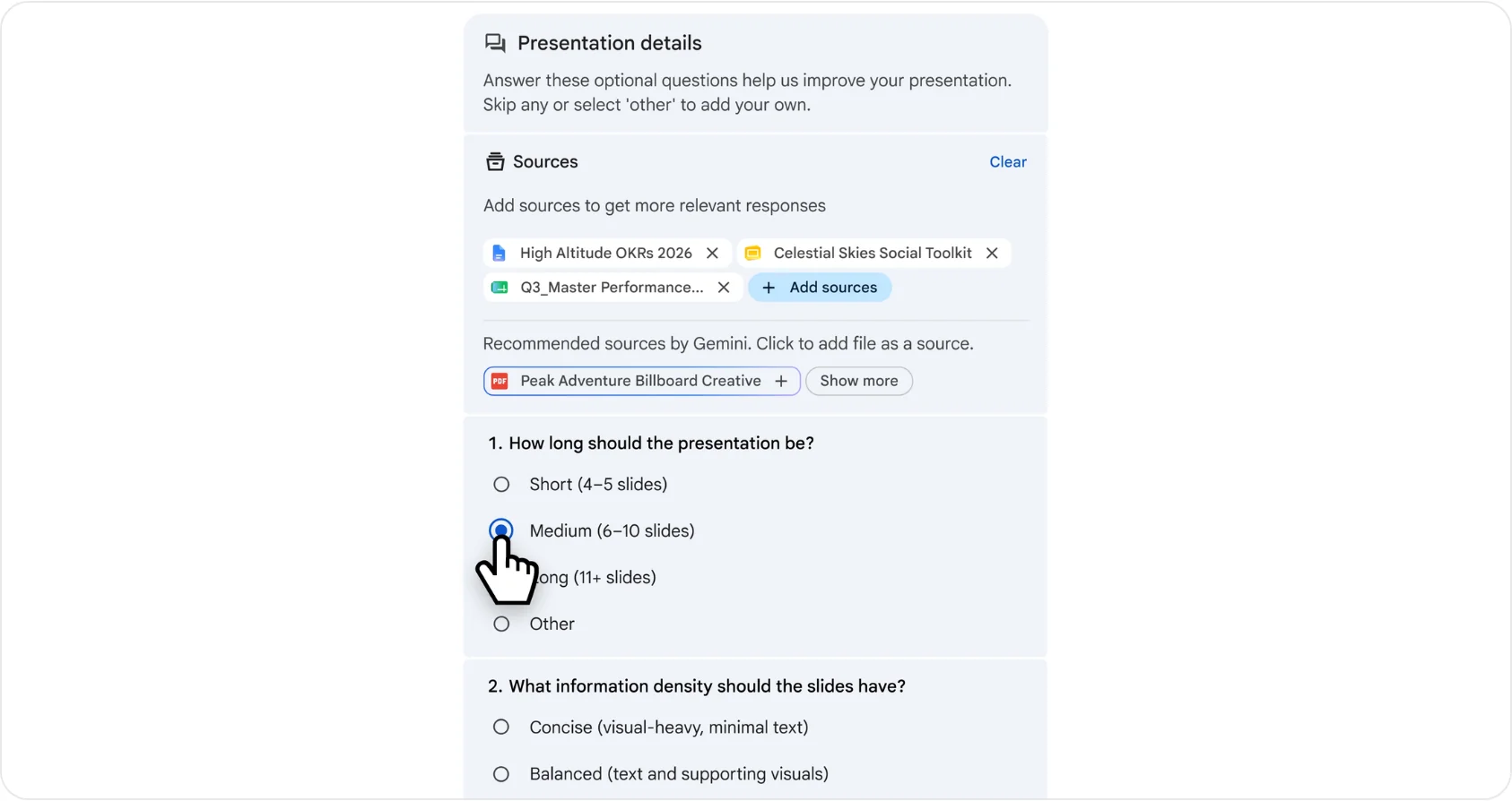 Gemini in Google スライドが長さ・情報密度などを質問し、参照ソースを追加できる画面(Google Workspace公式ブログより)