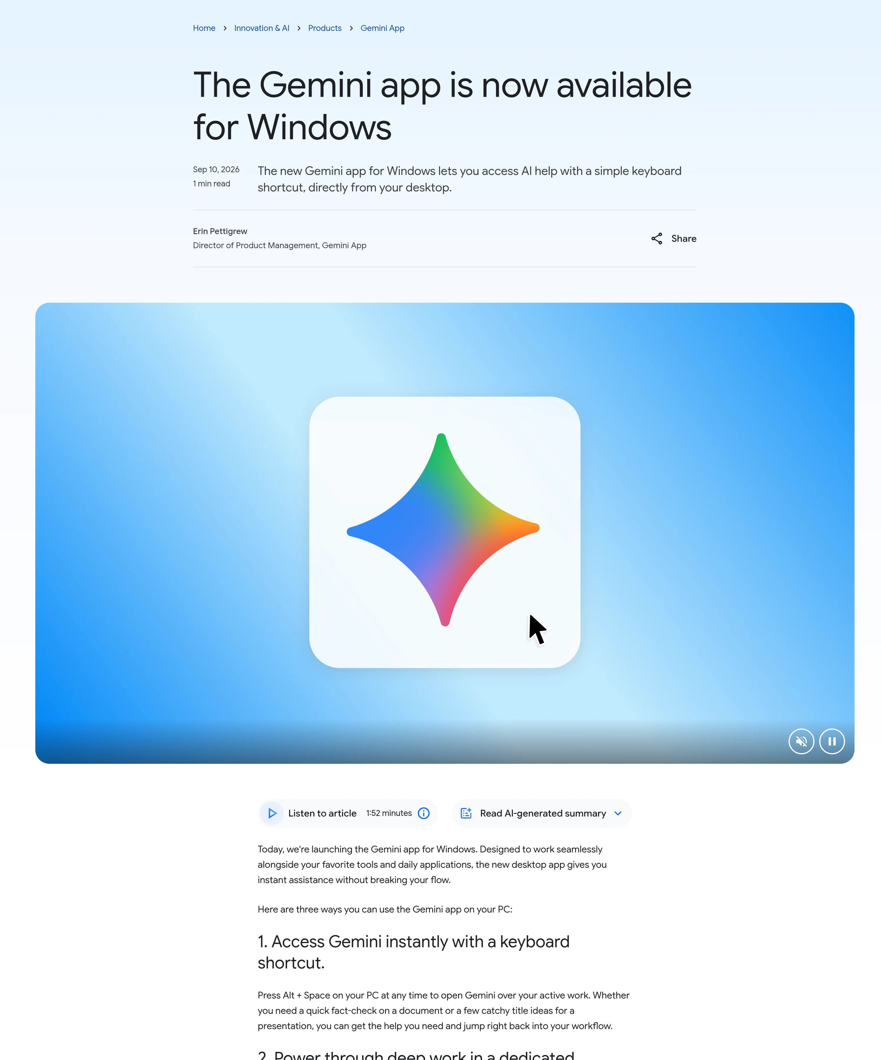 Google公式ブログ「The Gemini app is now available for Windows」（2026年9月10日公開、出典: blog.google）