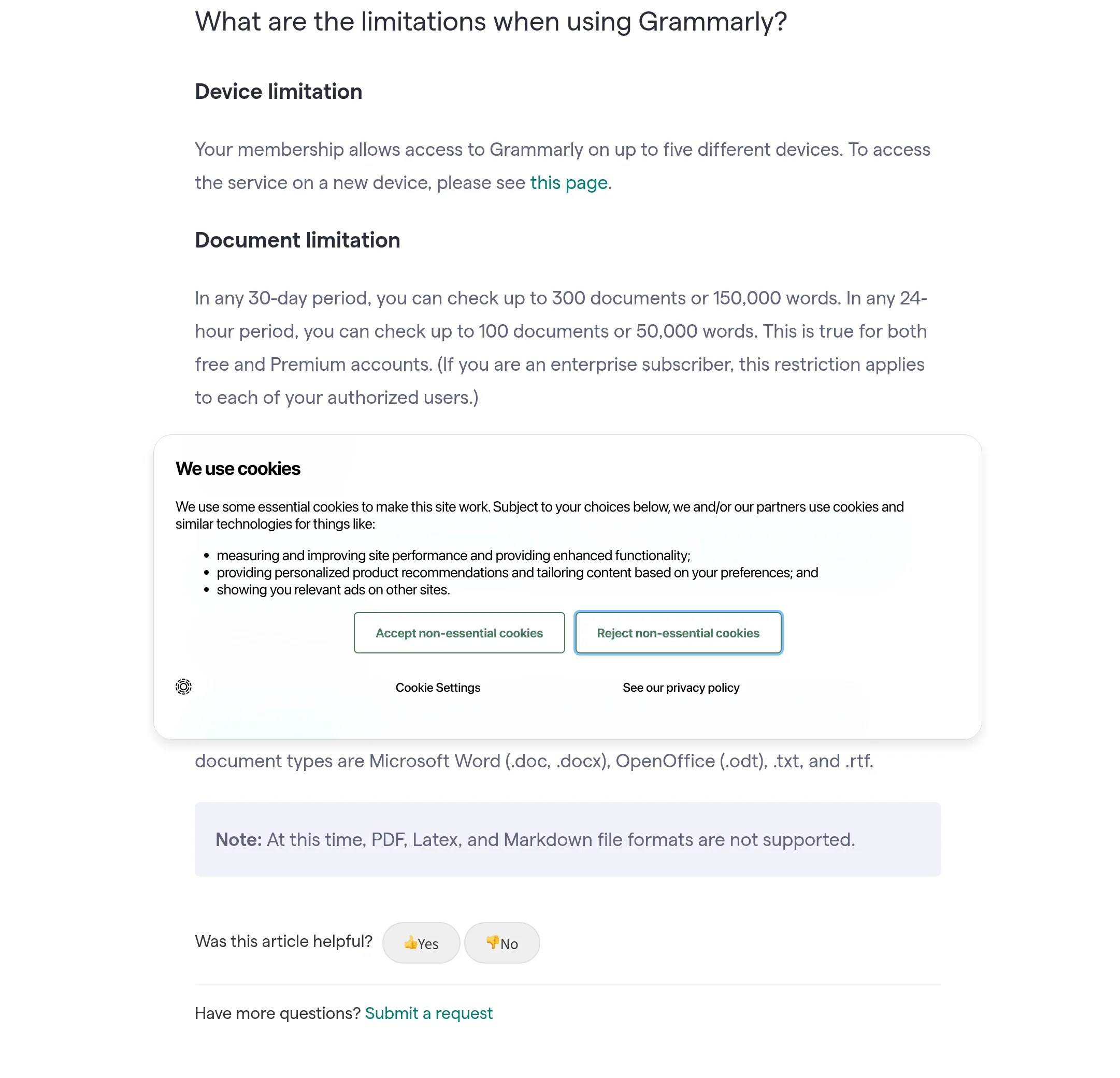 Grammarly公式サポート「What are the limitations when using Grammarly?」のデバイス・文書数・ファイル形式の上限説明(Grammarly公式サイト)