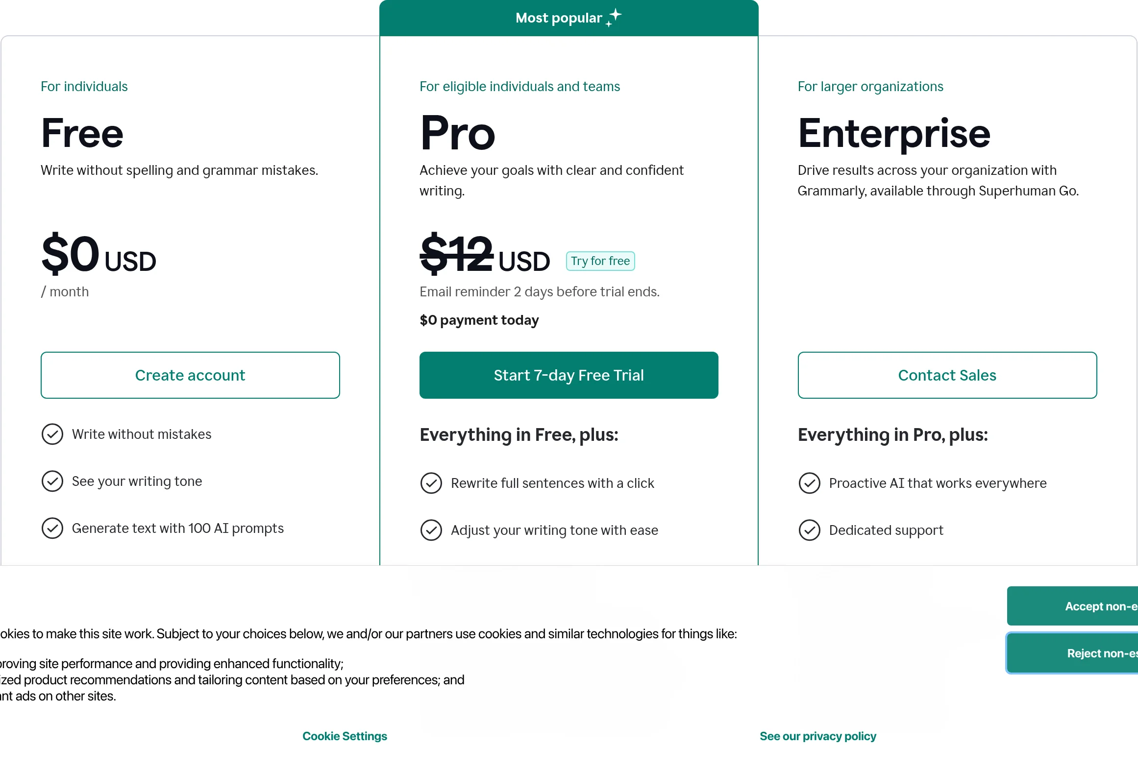 Grammarly公式サイトのプランページに表示されるFree・Pro・Enterpriseの料金カード(2026年10月・Grammarly公式サイト)