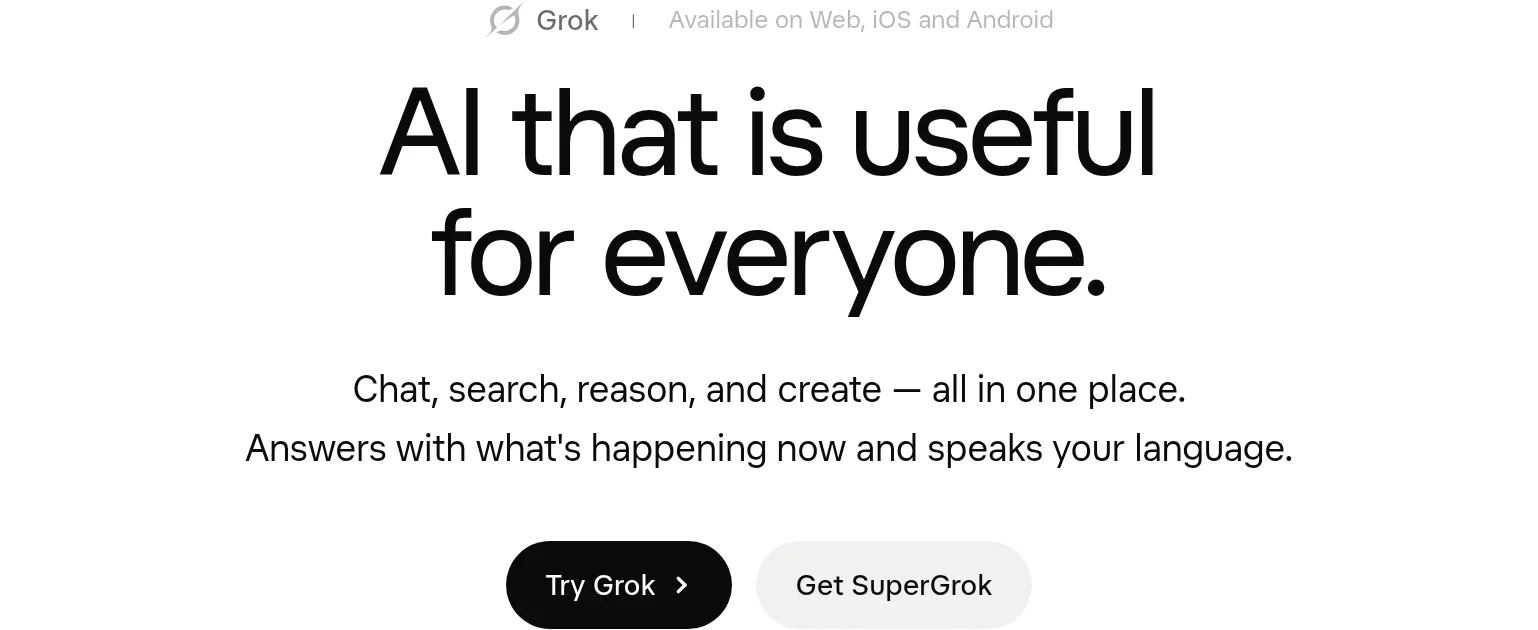 x.ai/grokのトップページに今も残る「Get SuperGrok」ボタン(xAI公式サイト、2026年10月確認)