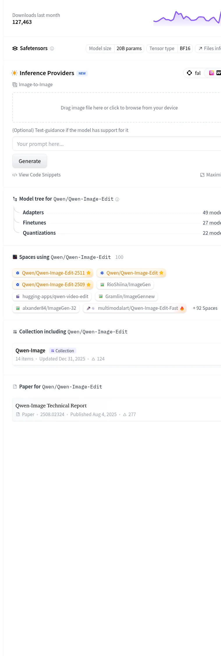 Hugging FaceのQwen-Image-Editモデルカード。モデルサイズ20Bパラメータ・BF16と月間ダウンロード数が表示されている（2026年10月・編集部が確認）