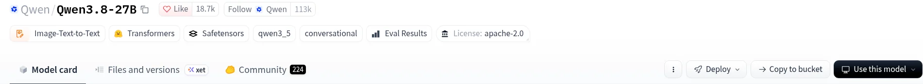 Hugging FaceのQwen/Qwen3.8-27Bモデルカードのヘッダー。「License: apache-2.0」のタグが表示されている（出典: Hugging Face、2026年10月確認）
