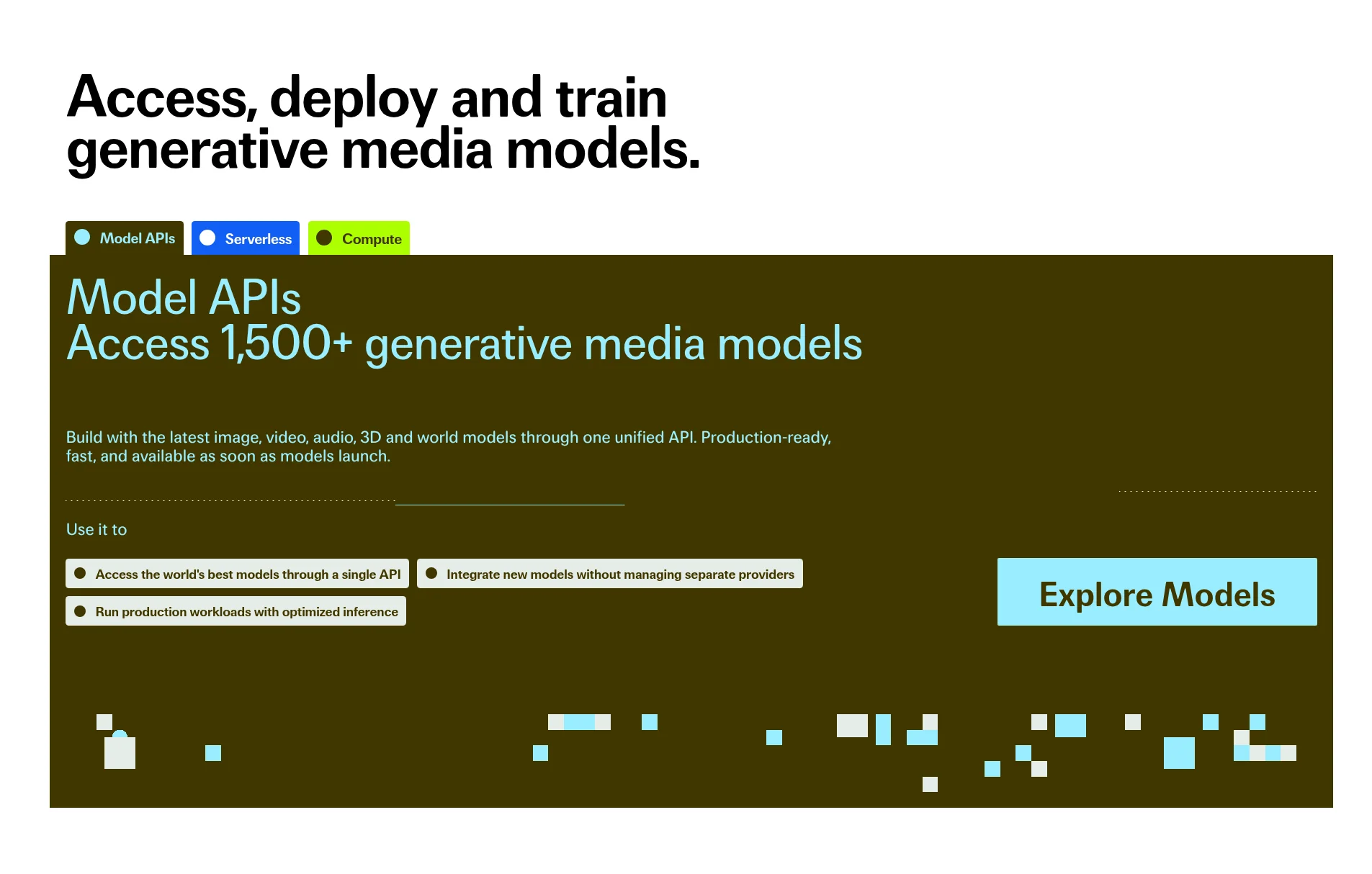 fal.ai公式サイトのトップページ。Model APIsで1,500以上の生成AIモデルにアクセスできると表示（2026年10月・fal.ai公式）