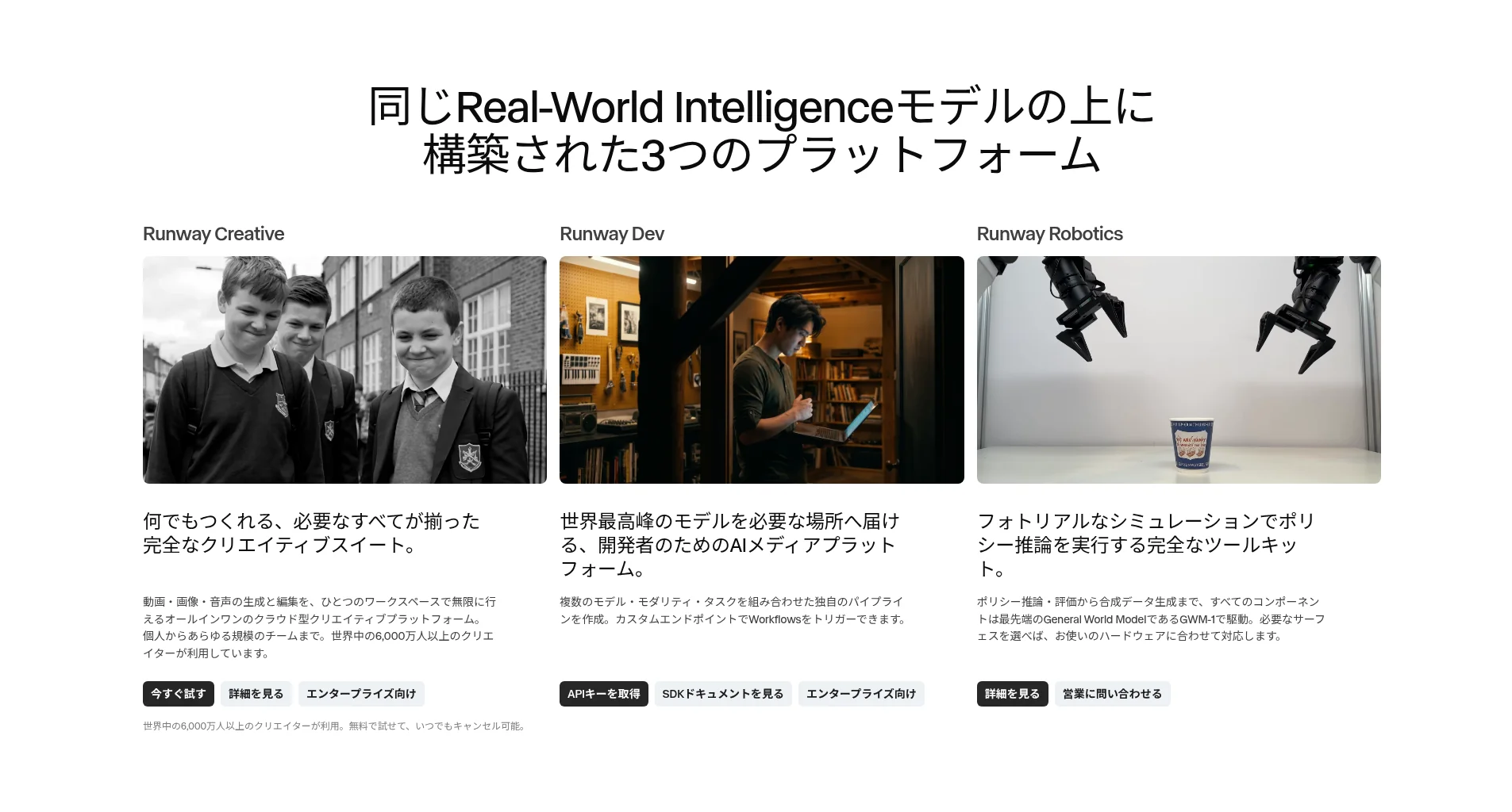 Runway公式サイト日本語版トップページ（Runway Creative・Dev・Roboticsの3プラットフォーム紹介、2026年10月・編集部確認）