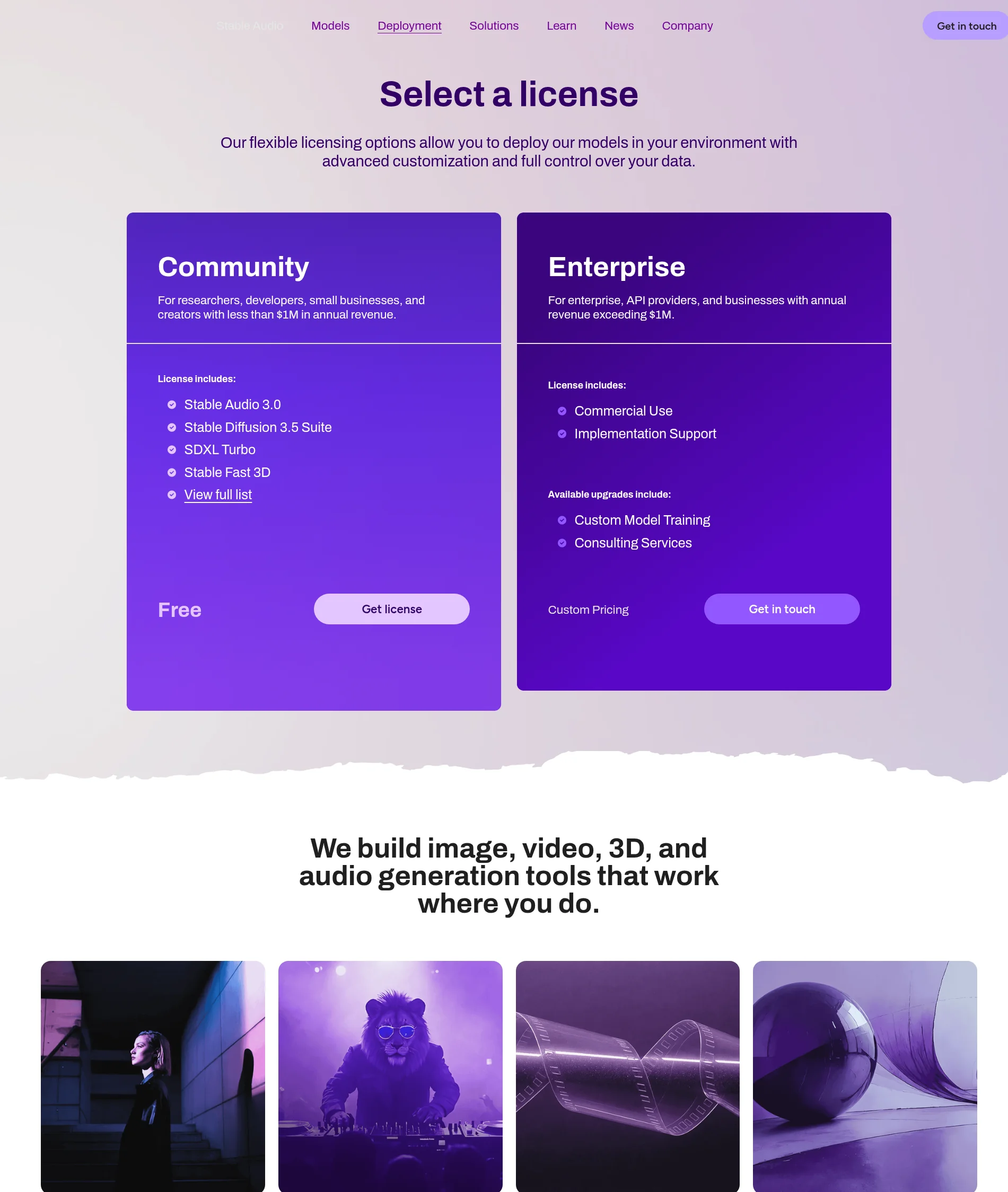 stability.aiのライセンス選択画面。年間売上高100万ドル未満向けのCommunityと、超える事業者向けのEnterpriseの2ティア(Stability AI公式サイト)