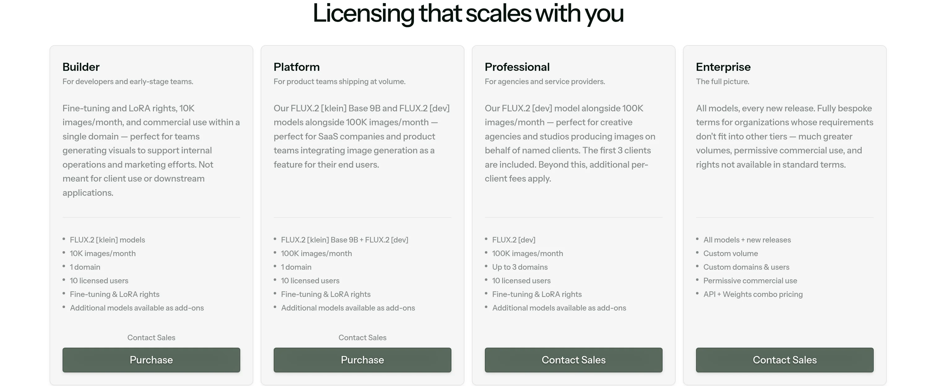 Black Forest Labs公式サイトのライセンス比較(Builder・Platform・Professional・Enterprise、2026年10月・編集部確認)