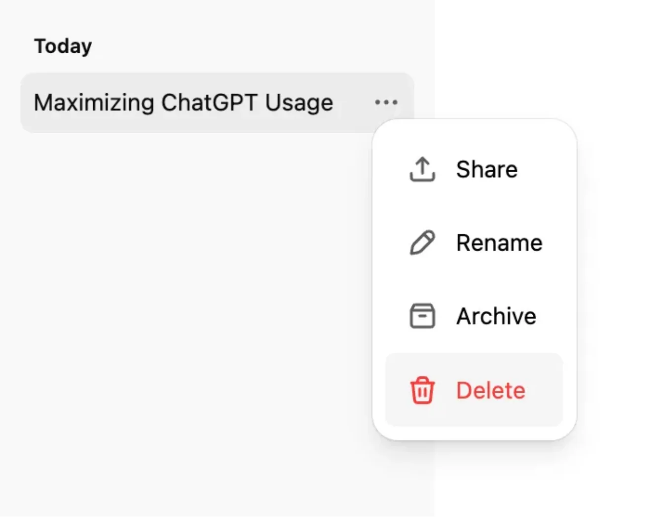 ChatGPTのチャットオプションメニュー。ShareとRenameの下にArchive（アーカイブ）とDelete（削除）が並ぶ（OpenAI公式ヘルプより）
