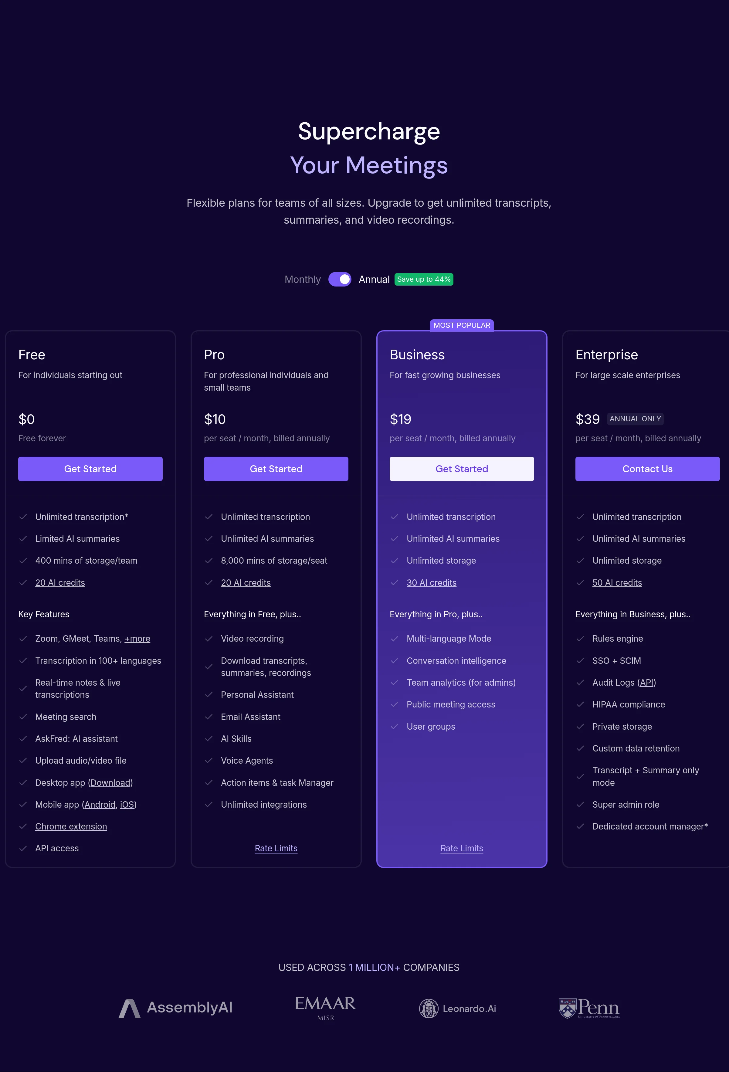 Fireflies.aiの料金プラン比較表(Free/Pro/Business/Enterprise、年払い月額) - fireflies.ai公式サイト