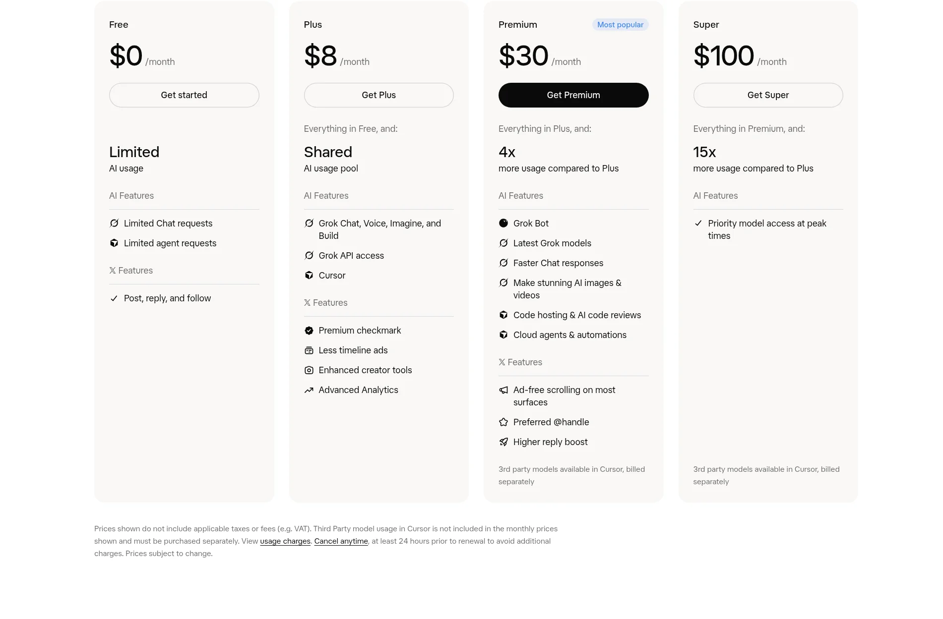xAI公式の料金ページ x.ai/pricing。Free・Plus・Premium・Superの4プランと、Plusから「Build」が含まれる表示（2026年10月・編集部調べ）