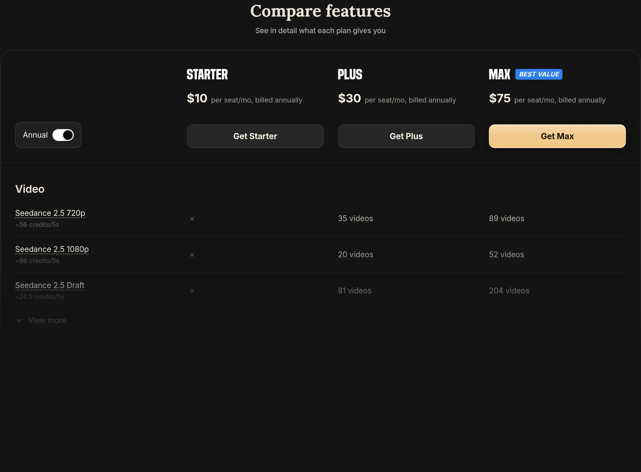 invideo公式サイトの料金比較表。Starter $10・Plus $30・Max $75(年払い/席)が並ぶ(2026年・編集部が公式サイトで確認)