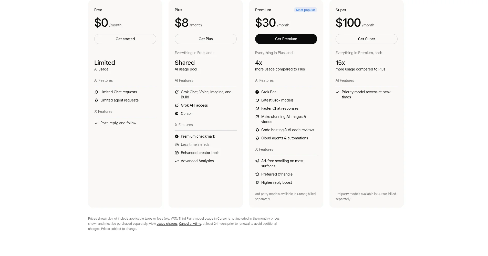 x.ai公式の料金ページ。Free $0・Plus $8・Premium $30・Super $100の月額が並ぶ料金表(x.ai/pricing、2026年10月26日に編集部確認)