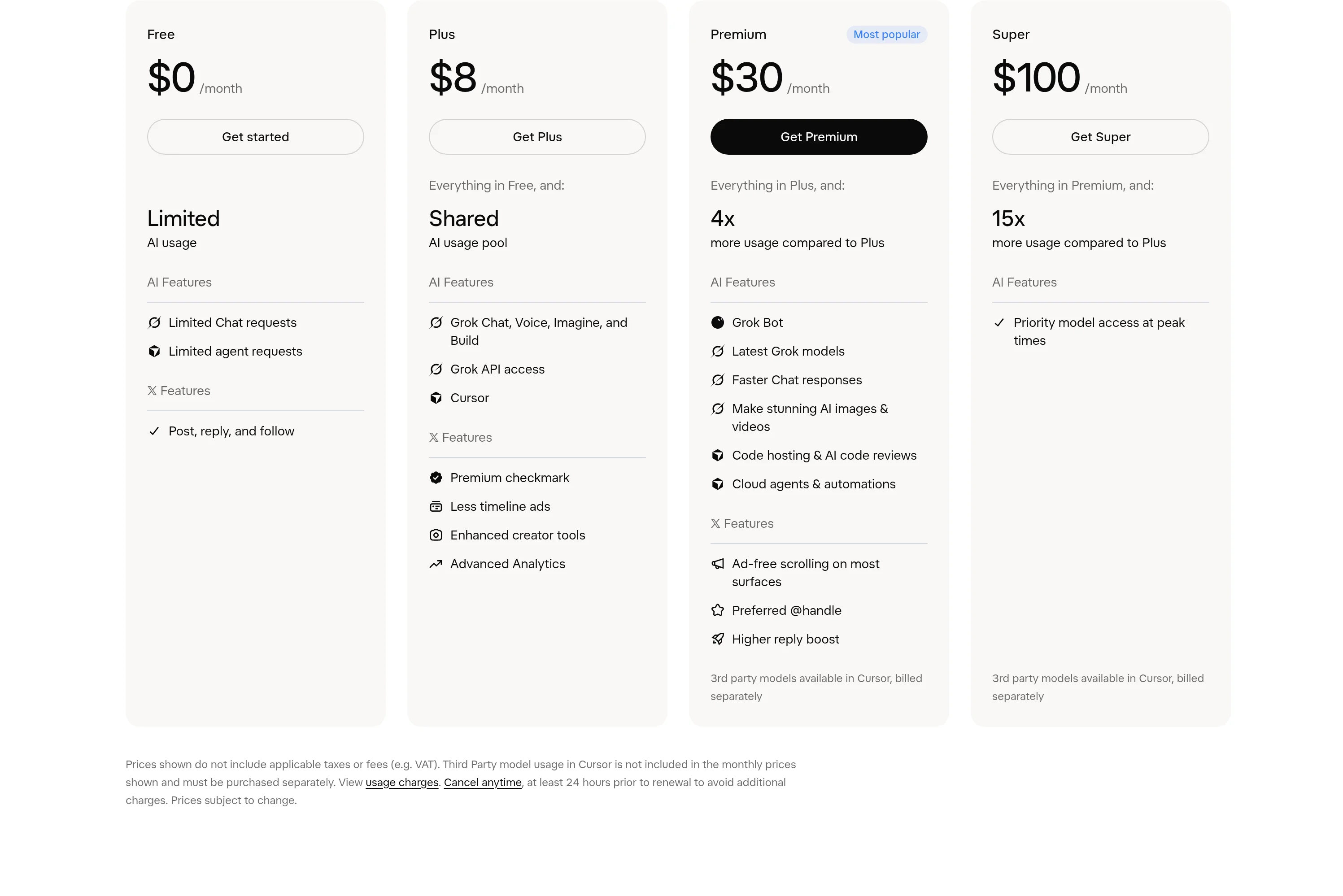 xAI公式の料金ページ。Grok BotやLatest Grok modelsがPremium以上に並ぶ(x.ai/pricing、2026年10月確認)