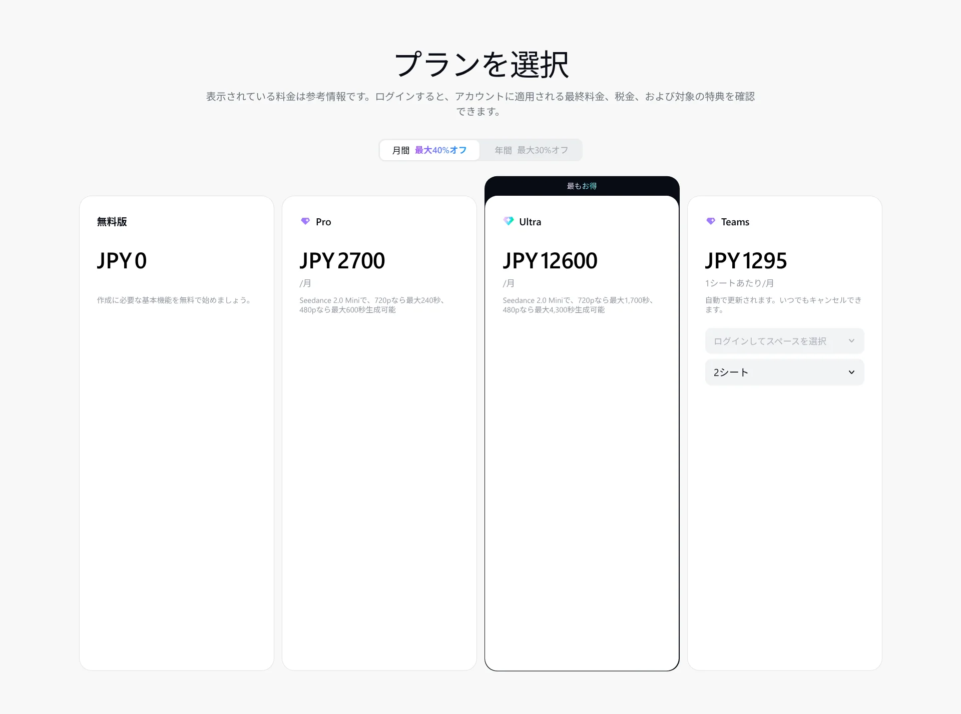 CapCut公式サイトの料金プラン画面。無料版は0円、Pro・Ultra・Teamsの月額表示(2026年10月・編集部で確認、表示額は時期により変動)