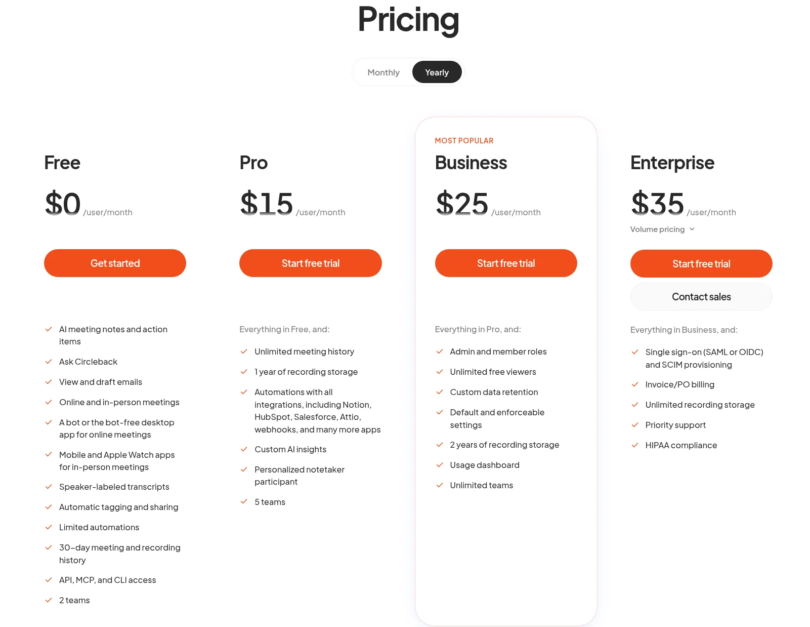 Circleback公式の料金ページ(circleback.ai/pricing)。Free・Pro・Business・Enterpriseの月額(年払い表示)と主な機能の違いが確認できる(2026年10月・編集部確認)